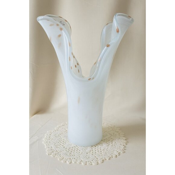 Unmarked Other - White & Copper Art Glass Swirl Vase (Murano Style)